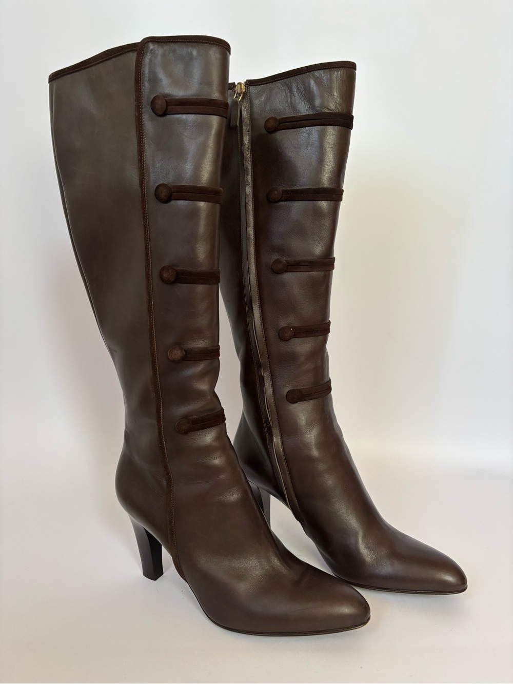 Sergio Rossi Brown Leather Military Style Knee High Boots Sz 39.5